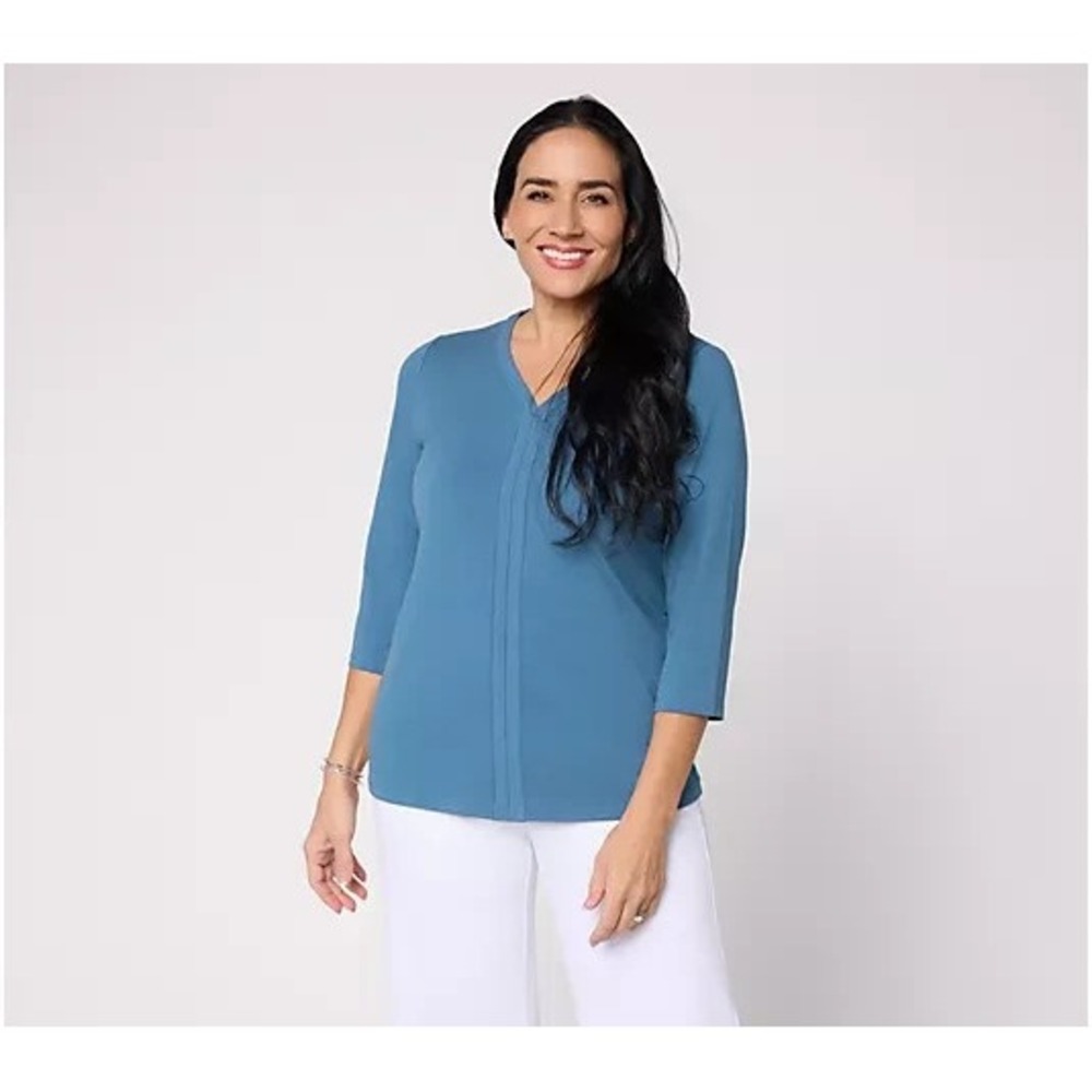 Denim & Co. Essentials Favorite Jersey 3/4 Sleeve V-Neck Top Blue Teal, XXS #17.